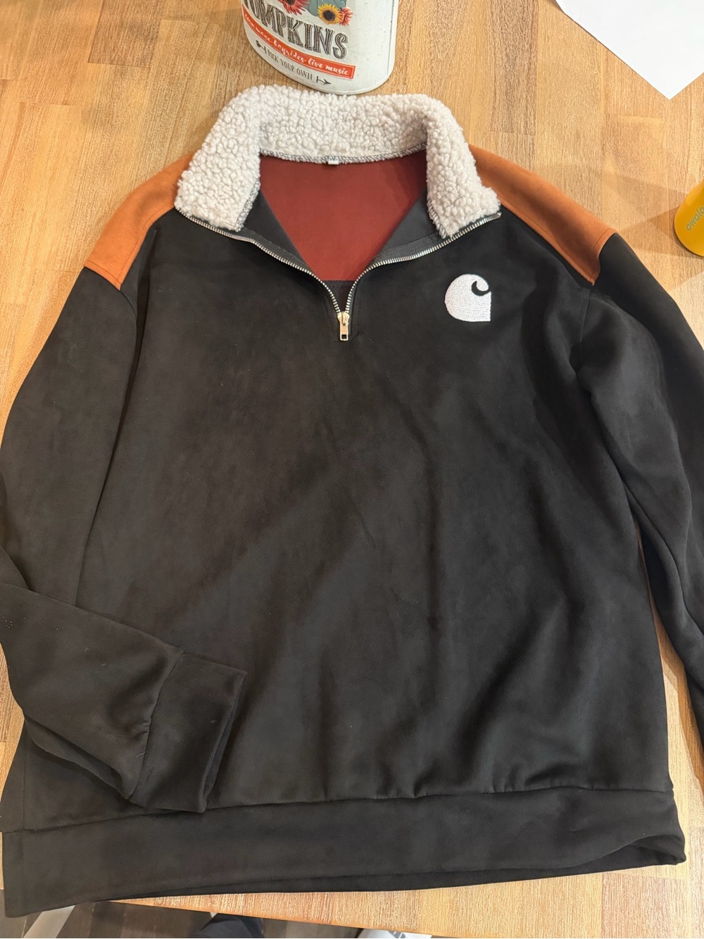 Carhartt Men’s Black Zip-Up Sherpa Collar Pullover with Brown Shoulders